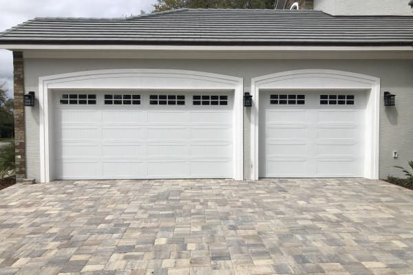 Carriage Stamp Long Panel Garage Doors with Stockton Long Glass Section