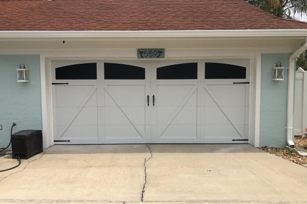 Carriage House Overlay Garage Door with 5333A Design, Faux Arched Windows and Barcelona 1 External Hardware Kit