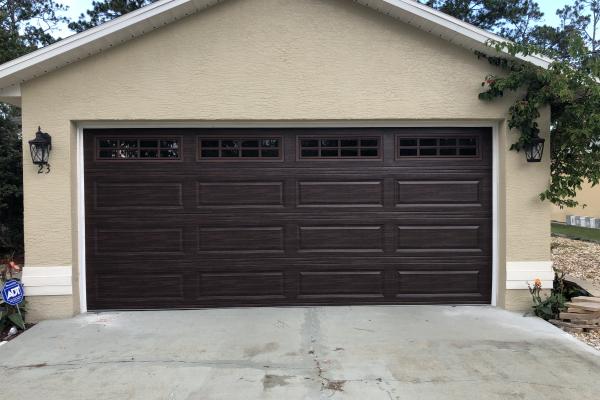 Raised Long Panel Garage Door with Stockton Long Glass and Modern Woodgrain Color