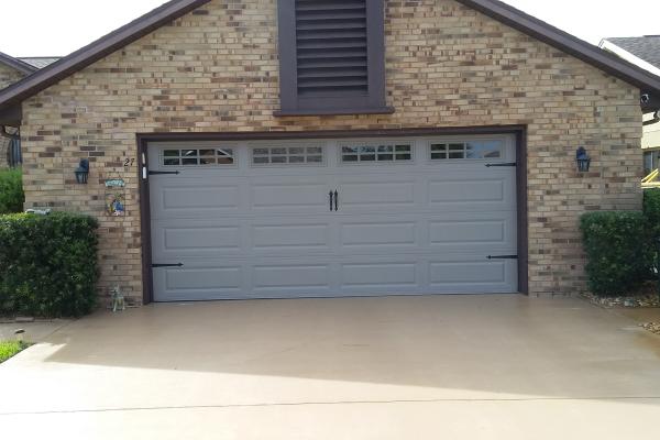 Raised Long Panel Garage Door with Madison Glass Top Section and Spade Hardware Kit