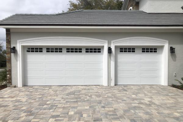 Carriage Stamp Long Panel Garage Doors with Stockton Long Glass Section
