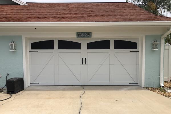 Carriage House Overlay Garage Door with 5333A Design, Faux Arched Windows and Barcelona 1 External Hardware Kit