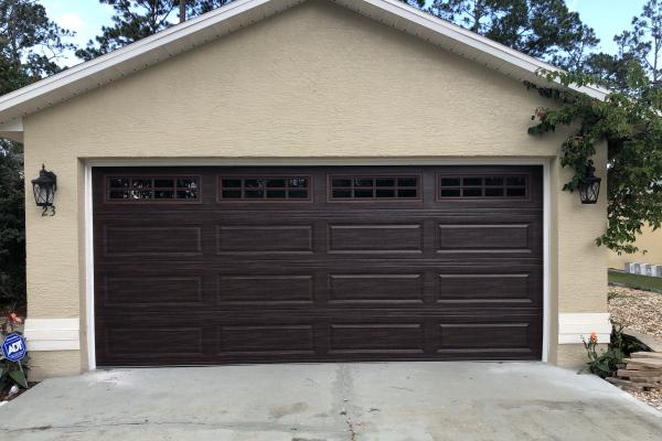 Raised Long Panel Garage Door with Stockton Long Glass and Modern Woodgrain Color