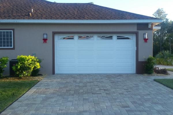 Raised Long Panel Garage Door with 4 Piece Sunburst Glass